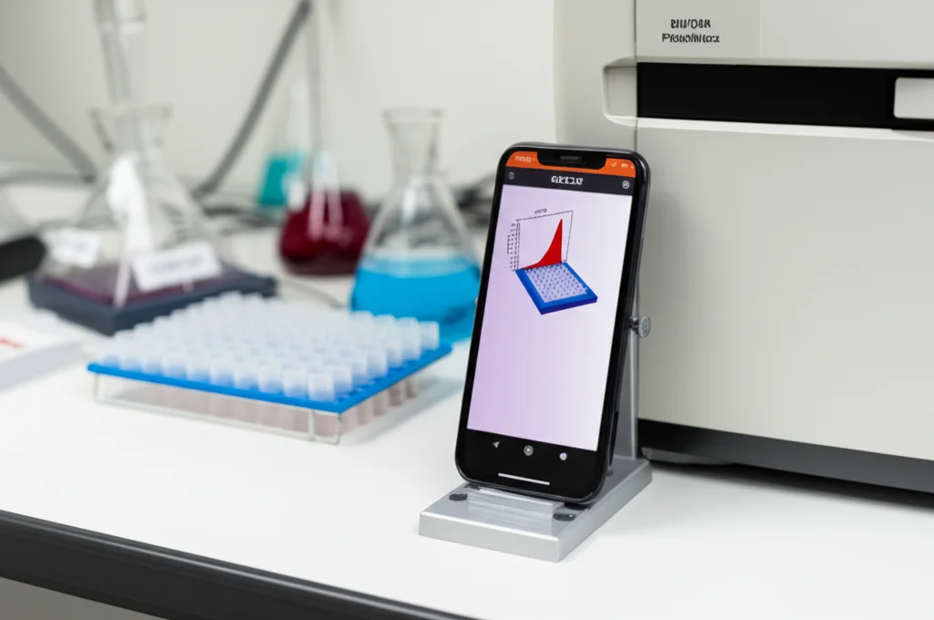 Uno smartphone con l'app PhotoMetrix aperta che mostra un'analisi colorimetrica di campioni in piccole cuvette, posizionato accanto a uno spettrofotometro in un ambiente di laboratorio moderno, obiettivo prime 35mm, profondità di campo.