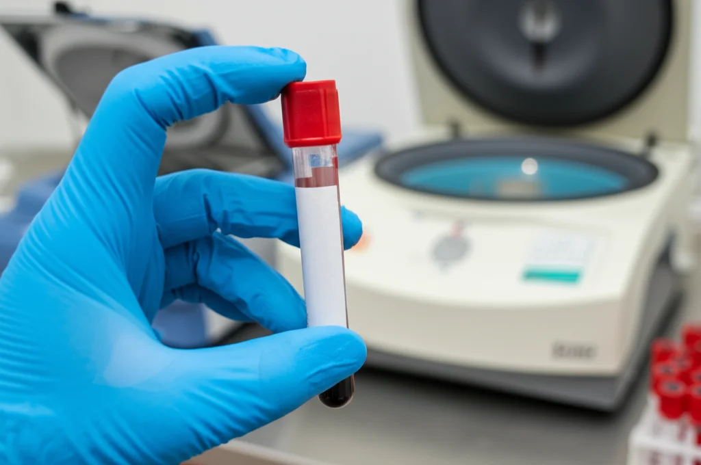 Primo piano di una provetta di sangue tenuta da una mano guantata in un laboratorio clinico egiziano. Sullo sfondo, attrezzature per analisi come una centrifuga e un microscopio. Illuminazione controllata da laboratorio, obiettivo macro 100mm, alta definizione dei dettagli sulla provetta.