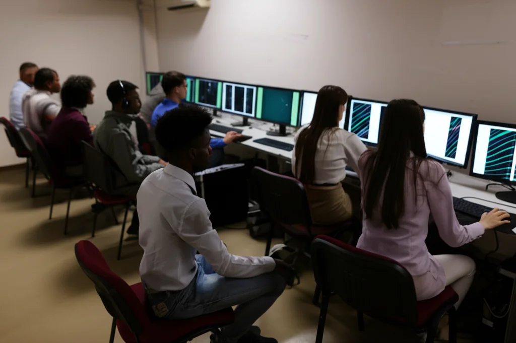 Lence Prime, 35 mm, profondità di campo, un gruppo diversificato di adulti (diversi anni, Etnie, Geni) si è concentrato intensamente su schermi di computer che mostrano forme o motivi astratti (come linee da orientalare) in una stanza calma e dolcemente illuminata, che rappresentano test cognitivi in un ambiente di ricerca.