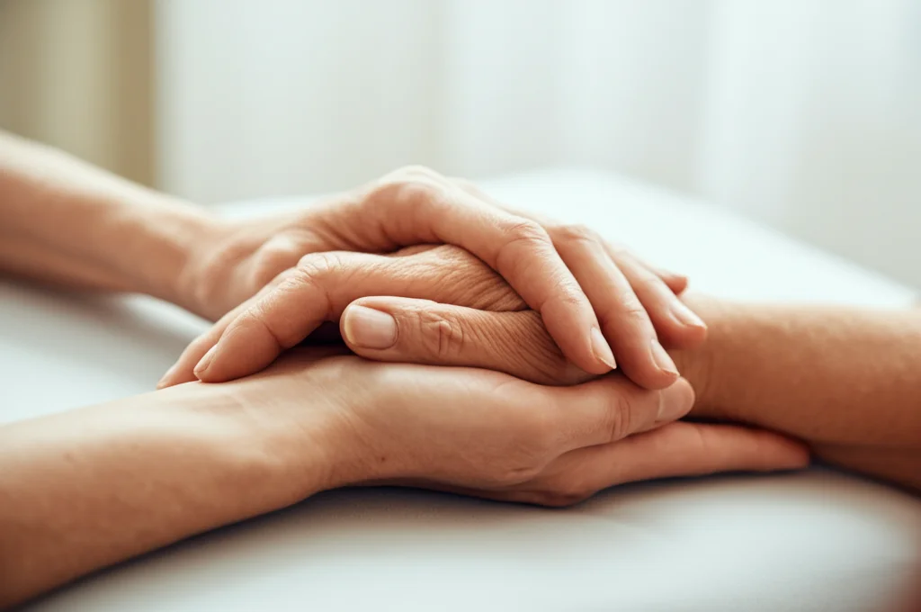 Zoom lente, 50 mm, luce naturale calda, profondità di campo, primo piano su due mani delicatamente strette, una forse più anziana/stagionata (clinica/supporto) e l'altro più giovane/fiducioso (persona in recupero), che simboleggia il supporto, la fiducia e le cure informate sul trauma in un ambiente terapeutico.