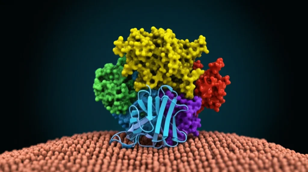 Visualizzazione 3D del trasportatore GAT3 umano, simile a un complesso proteico, incorporato in una membrana cellulare lipidica. L'immagine dovrebbe usare un obiettivo macro 60mm per dettagli elevati, con illuminazione controllata per enfatizzare la struttura tridimensionale e le eliche transmembrana. High detail, precise focusing.