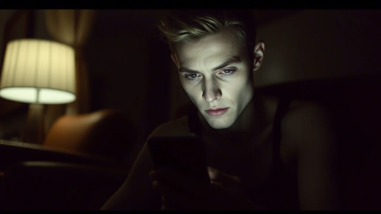 Fotografia ritratto, 35mm, una persona dall'aspetto androgino guarda con espressione preoccupata il proprio smartphone, seduta in una stanza poco illuminata. La luce dello schermo illumina parzialmente il viso. Profondità di campo ridotta, stile film noir.