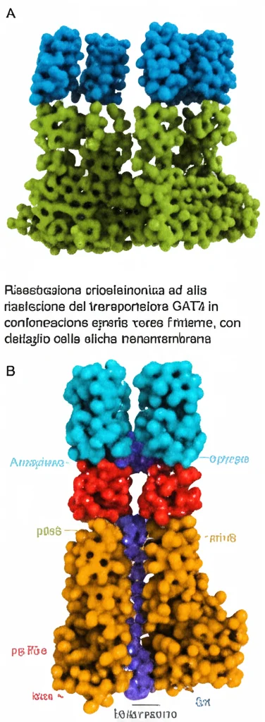 Ricostruzione crioelettronica ad alta risoluzione del trasportatore GAT3 in conformazione aperta verso l'interno, con dettaglio delle eliche transmembrana. Illuminazione precisa per evidenziare la struttura proteica, stile macro, alta definizione.