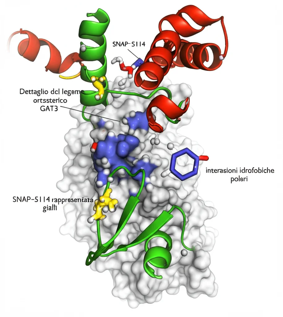 Dettaglio del sito di legame ortosterico del trasportatore GAT3, mostrando la molecola dell'inibitore SNAP-5114 (rappresentata con stick gialli) inserita tra le eliche proteiche. Evidenziare le interazioni idrofobiche e polari con residui specifici. Obiettivo macro 100mm, alta definizione, controlled lighting.