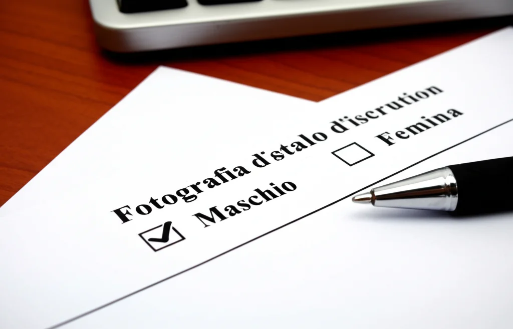 Fotografia macro, 60mm, dettaglio di un modulo d'iscrizione su una scrivania d'ufficio, con le opzioni di genere limitate a 'Maschio' e 'Femmina' ben visibili. Illuminazione da ufficio controllata, messa a fuoco precisa sul testo.