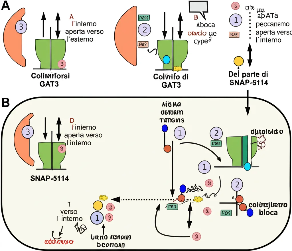 Illustrazione schematica del ciclo di trasporto di GAT3 e del meccanismo di inibizione da parte di SNAP-5114. Mostrare le diverse conformazioni (aperta verso l'esterno, occlusa, aperta verso l'interno) e il punto in cui l'inibitore blocca il ciclo. Stile infografica scientifica chiara e colorata.
