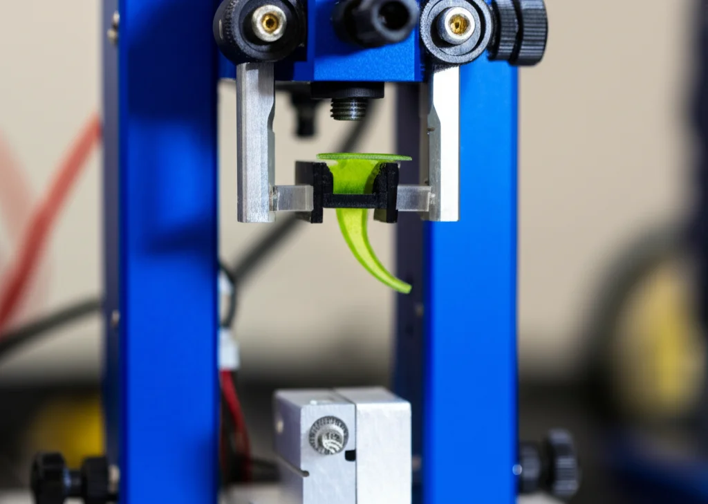 Fotografia macro di un micro-estensometro Camelot assemblato su un banco da laboratorio. Obiettivo macro 60mm, alta definizione, illuminazione controllata, messa a fuoco precisa sui componenti principali come l'attuatore a vite, il sensore di forza nero e un piccolo campione vegetale verde montato tra due pinze trasparenti.