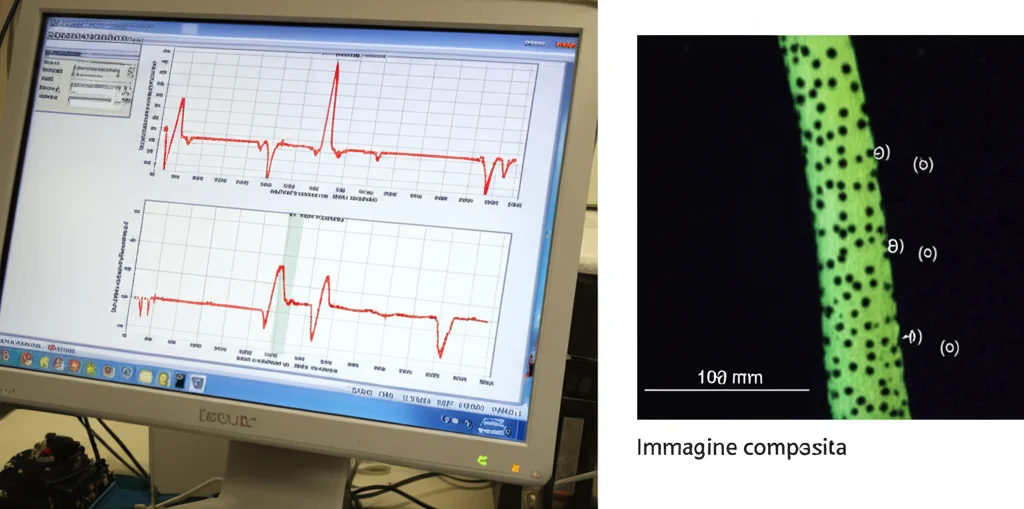 Immagine composita. A sinistra: interfaccia del software MorphoRobotX su uno schermo di computer, mostra grafici di forza vs spostamento. A destra: vista microscopica di un ipocotile di Arabidopsis sotto tensione, con puntini neri usati come landmark per il tracciamento ottico. Obiettivo macro 100mm, alta definizione.