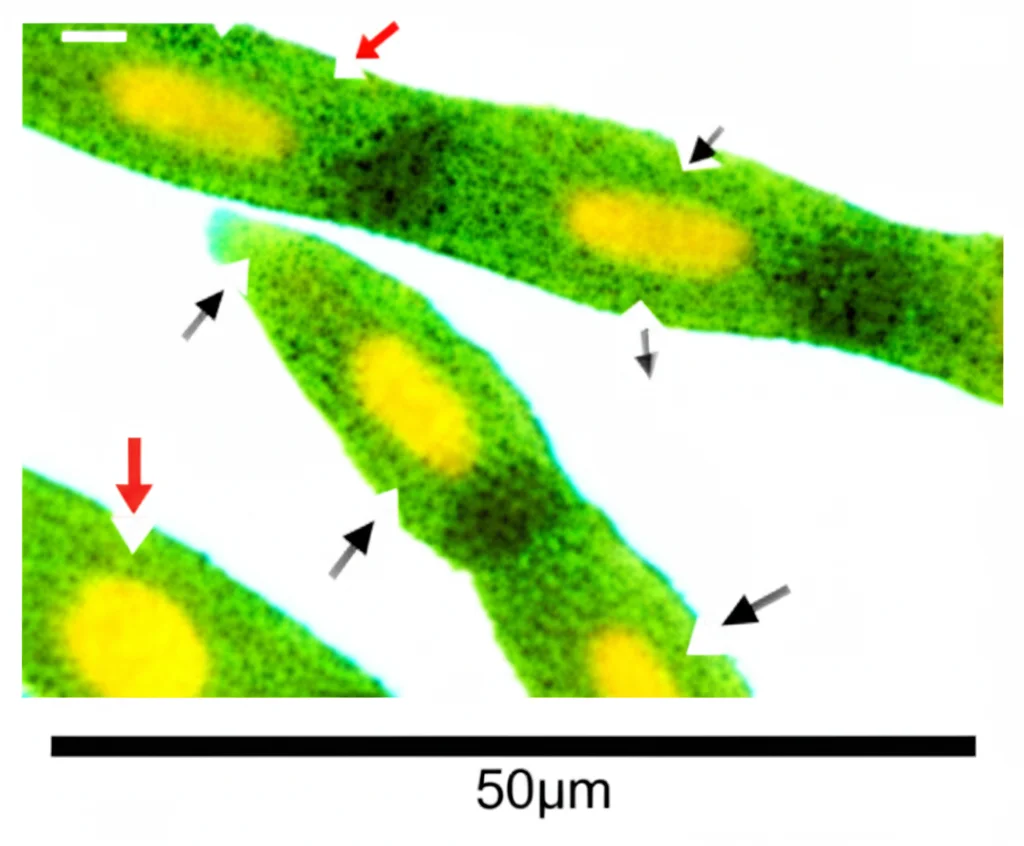 Immagine da microscopia confocale di cellule di foglia di Arabidopsis durante un esperimento di stiramento con Camelot. Colori fluorescenti brillanti (giallo/verde per le membrane), alta risoluzione. Frecce bianche indicano l'allungamento, frecce rosse la contrazione cellulare. Obiettivo ad alta apertura numerica, 50µm scale bar.