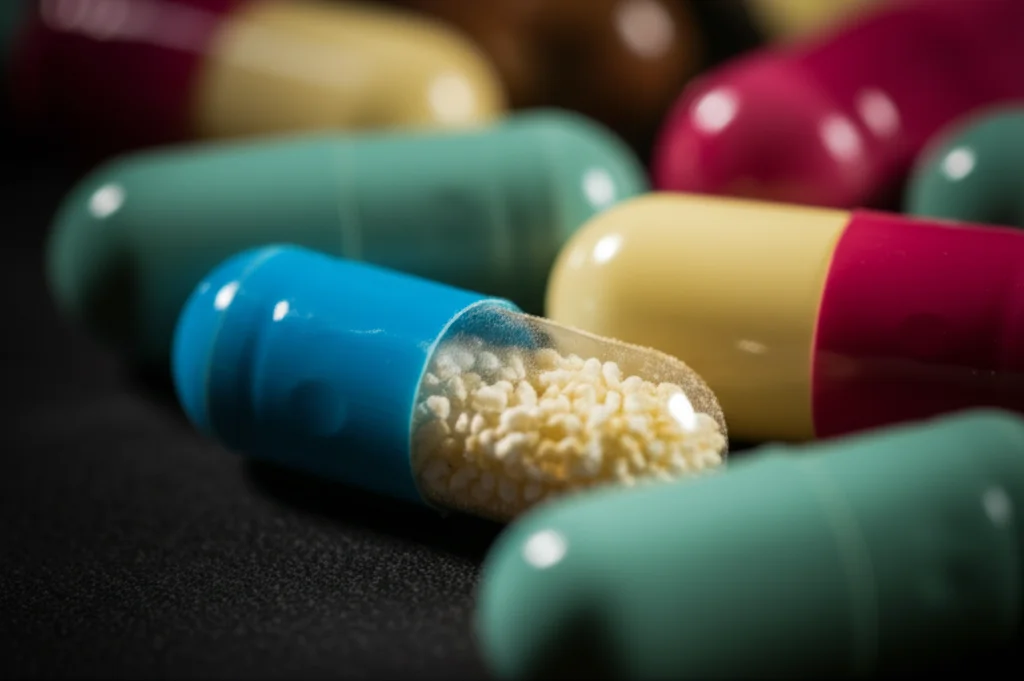 Primo piano di diverse capsule di antibiotici colorati su sfondo scuro, luce drammatica laterale, lente macro 60mm, alta definizione, focus selettivo su una capsula aperta che mostra la polvere all'interno.