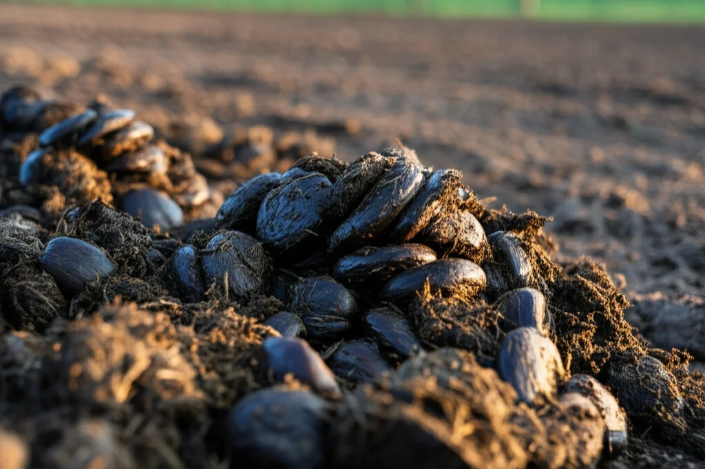 Close-up Macro Shot, obiettivo da 85 mm, che mostra il compostaggio del letame per cavalli su terreno fertile sotto la luce morbida del mattino, che simboleggia le sfide ambientali e il potenziale per il riciclaggio nell'industria dei cavalli, alti dettagli, messa a fuoco precisa.