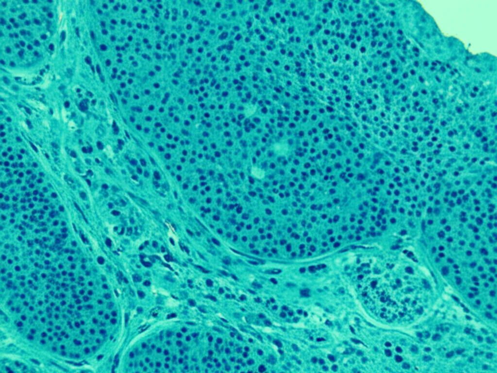 Vista microscopica di tessuto tumorale mammario metastatico da carcinoma renale, colorazione immunoistochimica positiva per CD10. Obiettivo macro 100mm, alta definizione, messa a fuoco precisa.