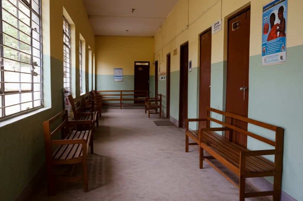 Fotografia realistica di una sala d'attesa semplice ma pulita in un centro sanitario pubblico nella regione Harari, Etiopia. Luce naturale che entra da una finestra, alcune panche di legno vuote, un poster informativo sulla salute materna appeso al muro. Obiettivo prime 35mm, profondità di campo che lascia intravedere un corridoio sullo sfondo.