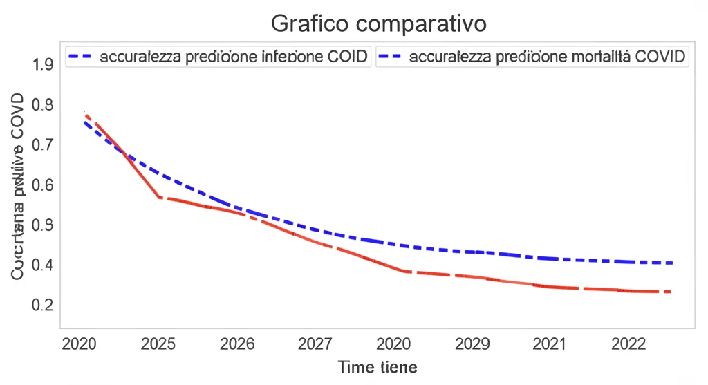 Grafico comparativo che mostra due linee: una linea frastagliata e decrescente (accuratezza predizione infezione COVID) e una linea quasi piatta e alta (accuratezza predizione mortalità COVID) nel tempo (2020-2022), evidenziando la stabilità della seconda rispetto alla prima. Stile visualizzazione dati scientifica, colori contrastanti (es. rosso vs blu), sfondo chiaro.