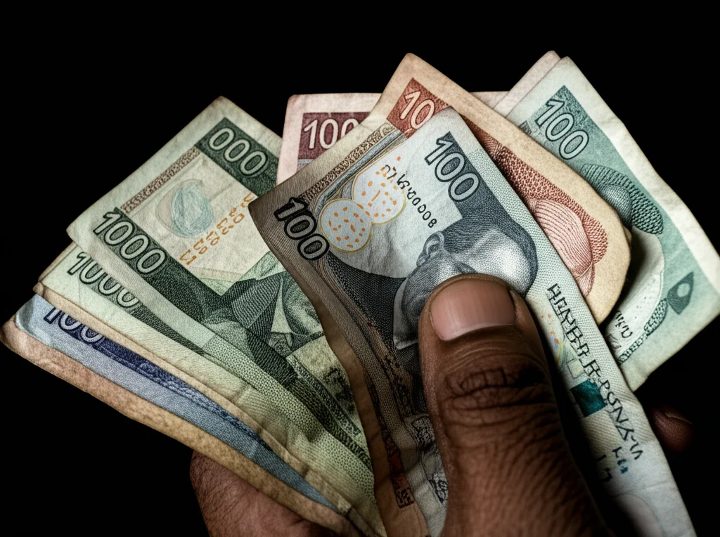 Immagine macro fotorealistica di alcune banconote di Birr etiope spiegazzate tenute in una mano con pelle scura e segnata dal lavoro, simboleggiando le spese vive sostenute dalle famiglie. Illuminazione drammatica laterale, obiettivo macro 100mm, alta definizione dei dettagli della valuta e della pelle.