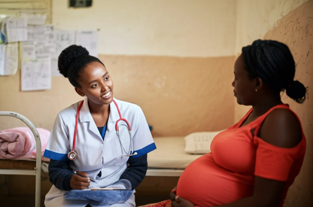Ritratto fotografico realistico di un'operatrice sanitaria etiope sorridente che parla con una donna incinta in un ambiente clinico semplice. La luce è morbida e naturale. L'immagine trasmette fiducia e supporto. Obiettivo 50mm, stile documentaristico, colori naturali.