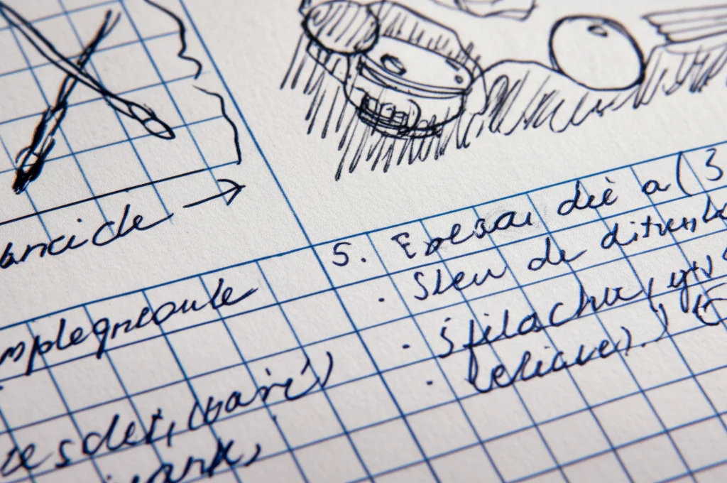Fotografia macro di un quaderno aperto con un esercizio di ortografia complesso che richiede analisi accanto a uno più semplice basato sul disegno di oggetti, illuminazione controllata laterale per evidenziare la texture della carta, obiettivo macro 80mm, messa a fuoco precisa sull'esercizio analitico.