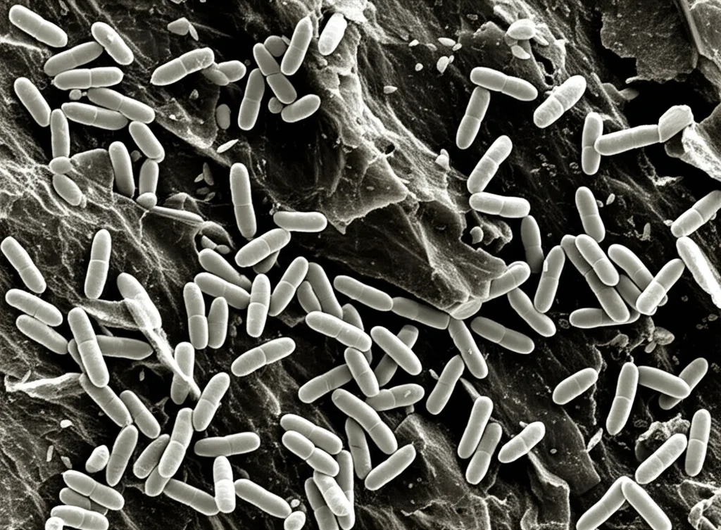 Micrografia elettronica a scansione (SEM) fotorealistica che mostra batteri acidofili (piccole forme a bastoncello) adesi alla superficie fratturata di un minerale di tetraedrite. Dettaglio elevato, messa a fuoco precisa, illuminazione da microscopio.