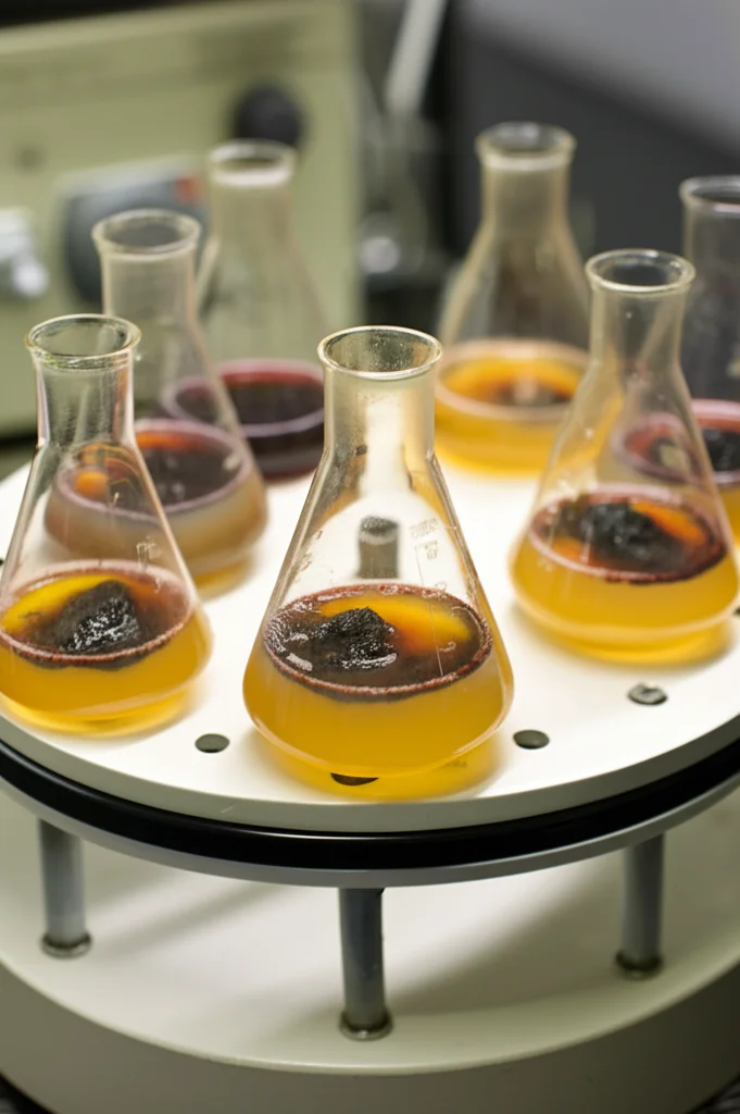 Fotografia di una serie di beute da laboratorio su un agitatore rotante. Le beute contengono un liquido torbido giallastro/rossastro (soluzione di lisciviazione) con un sedimento minerale scuro sul fondo. Obiettivo zoom 35mm, profondità di campo che mostra più beute, illuminazione da laboratorio.