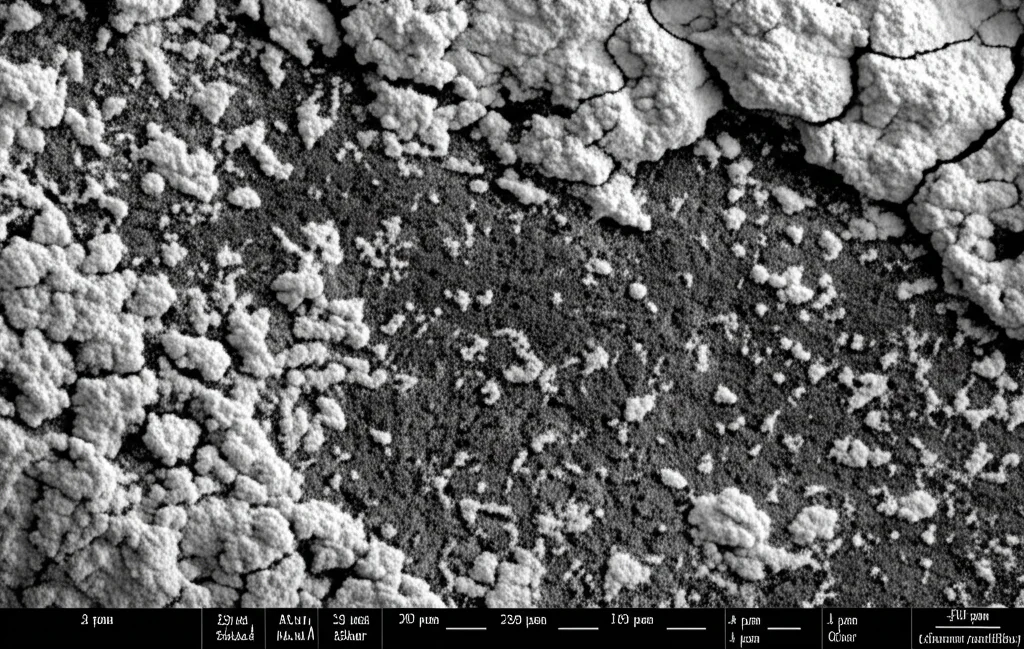 Immagine al microscopio elettronico a scansione (SEM) fotorealistica che mostra la superficie alterata di un grano di tetraedrite dopo il bioleaching. Si notano croste di alterazione porose e fratturate, di colore più chiaro, che ricoprono il minerale primario più scuro. Dettaglio elevato, contrasto BSE (elettroni retrodiffusi).