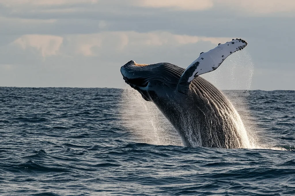 Fotografia naturalistica di una balena franca australe (Eubalaena australis) che emerge appena in superficie in acque oceaniche aperte, vista da lontano, teleobiettivo zoom 100-400mm, alta velocità dell'otturatore per congelare il movimento dell'acqua, luce naturale drammatica del tardo pomeriggio.