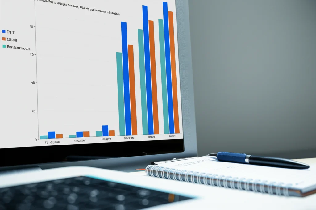 Un grafico a barre su uno schermo di computer che mostra diverse probabilità associate a criteri di performance nel DTT. Accanto al computer, un blocco note con appunti e una penna. Macro lens, 85mm, high detail, precise focusing, luce da ufficio controllata.
