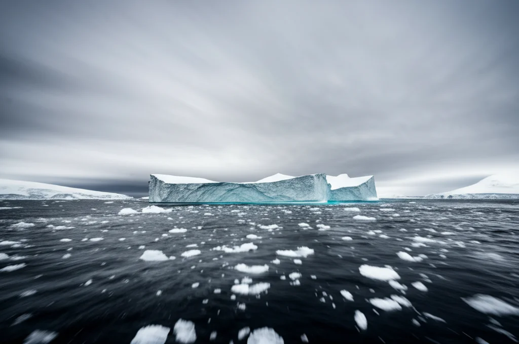 Fotografia grandangolare di un vasto paesaggio oceanico antartico con iceberg e mare mosso sotto un cielo nuvoloso, obiettivo grandangolare 15mm, lunga esposizione per ammorbidire le onde, messa a fuoco nitida sull'orizzonte, trasmette un senso di vastità e isolamento.