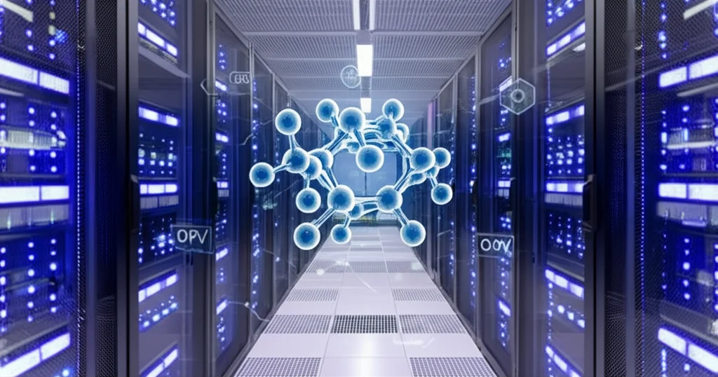 Immagine fotorealistica di un data center moderno con file di server luminosi, un ologramma fluttuante di una struttura molecolare polimerica complessa (OPV) al centro, illuminazione controllata blu e viola, obiettivo macro 85mm per dettagli nitidi sui componenti elettronici e sulla molecola virtuale.