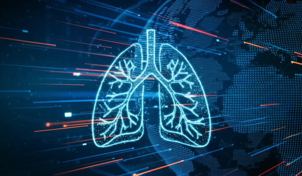 Visualizzazione astratta di una rete di dati scientifici globali che convergono su una rappresentazione stilizzata dei polmoni, stile landscape wide angle 10mm, long exposure per creare scie luminose di dati.