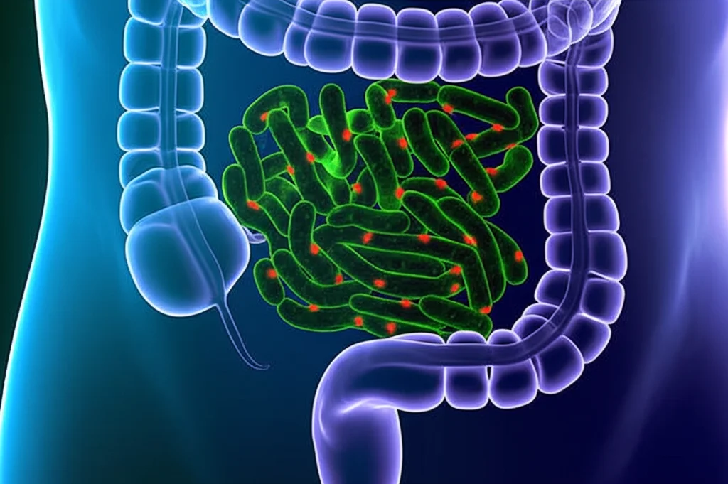 Immagine macro di batteri intestinali fluorescenti all'interno di una rappresentazione stilizzata dell'intestino umano, alta definizione, illuminazione controllata, obiettivo macro 100mm.