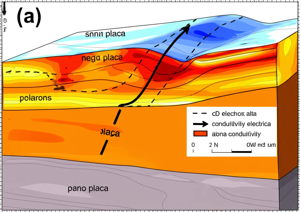 Mappa geofisica 2D che mostra una sezione trasversale di una zona di subduzione (come SW Japan). Colori caldi (rosso/arancione) indicano alta conduttività elettrica lungo l'interfaccia della placca subdotta, corrispondente alla zona di attivazione dei polarons negli anfiboli allineati. Stile visualizzazione dati scientifici.