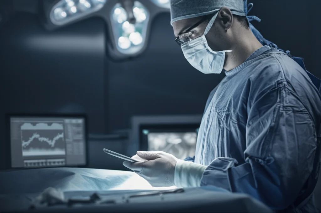 Ritratto di un chirurgo che esamina dati genetici su un tablet prima di un intervento, luce soffusa da sala operatoria, profondità di campo, bianco e nero duotone blu e grigio, obiettivo 35mm.