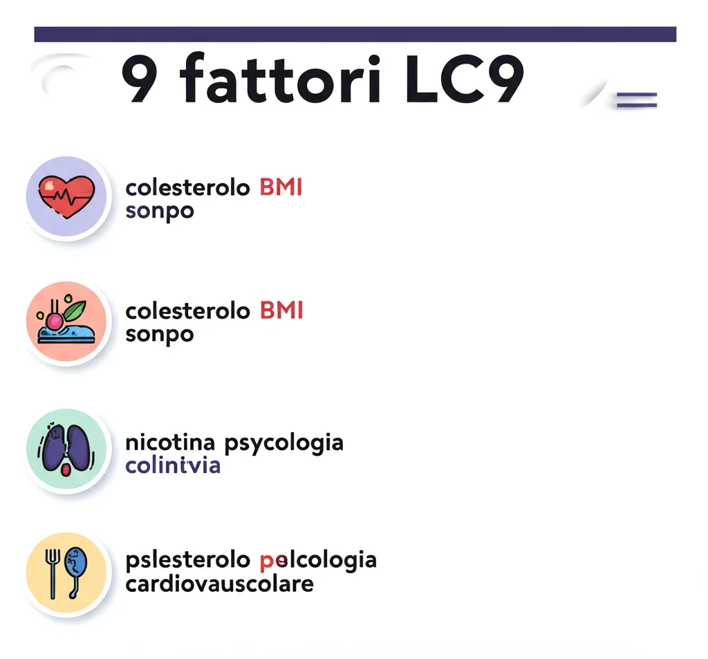 Infografica che elenca i 9 fattori LC9, evidenziando con icone più grandi o colori diversi i principali contributori alla mortalità generale (colesterolo, BMI, sonno) e cardiovascolare (nicotina, psicologia, colesterolo). Stile pulito, icone intuitive.