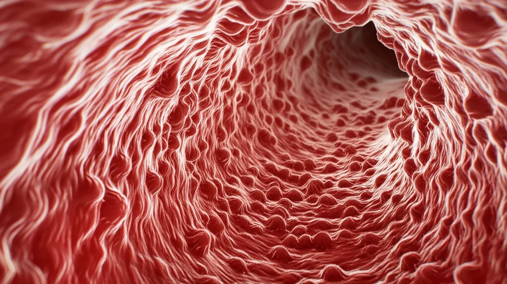 Macro fotografia (obiettivo 100mm) di pattern astratti rossi e bianchi vorticosi che rappresentano cellule infiammatorie e proteine come S100A12 all'interno di un contesto di vaso sanguigno, alto dettaglio, messa a fuoco precisa, illuminazione controllata.