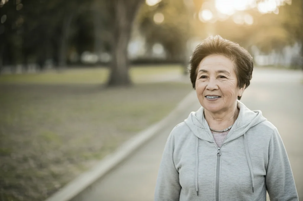 Ritratto di una donna anziana sorridente che fa una passeggiata leggera in un parco, luce calda del mattino, obiettivo 35mm, bianco e nero con toni caldi (seppia leggero), profondità di campo che isola la figura.