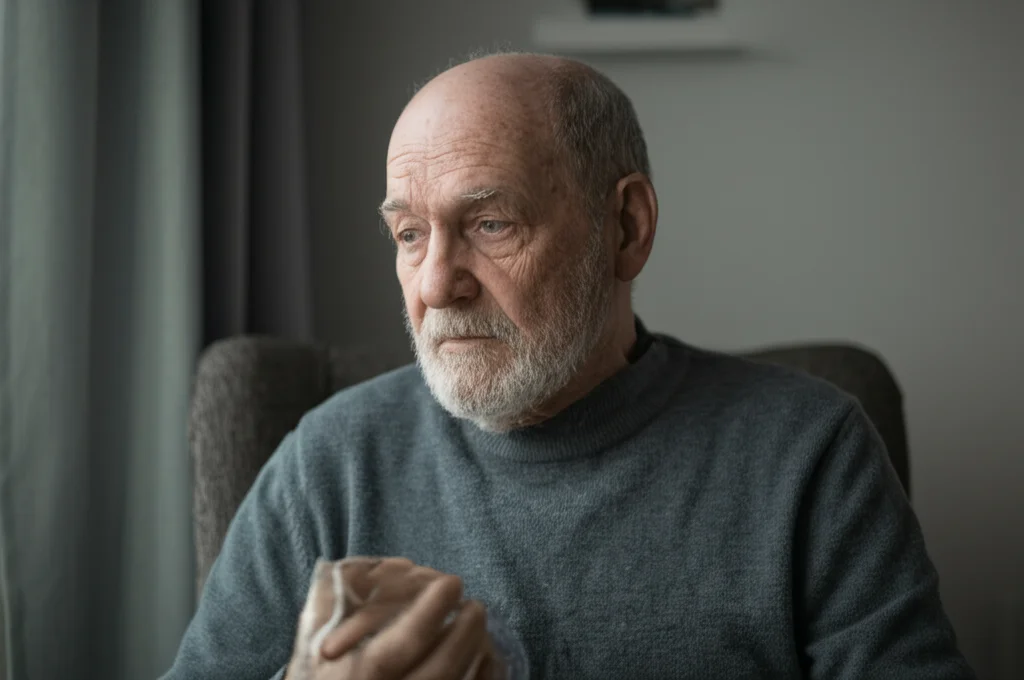 Un uomo anziano con evidente difficoltà respiratoria (BPCO) seduto su una poltrona vicino a una finestra, luce naturale soffusa che entra, espressione stanca ma serena, obiettivo 35mm, profondità di campo per sfocare lo sfondo, toni colore blu e grigio duotone.