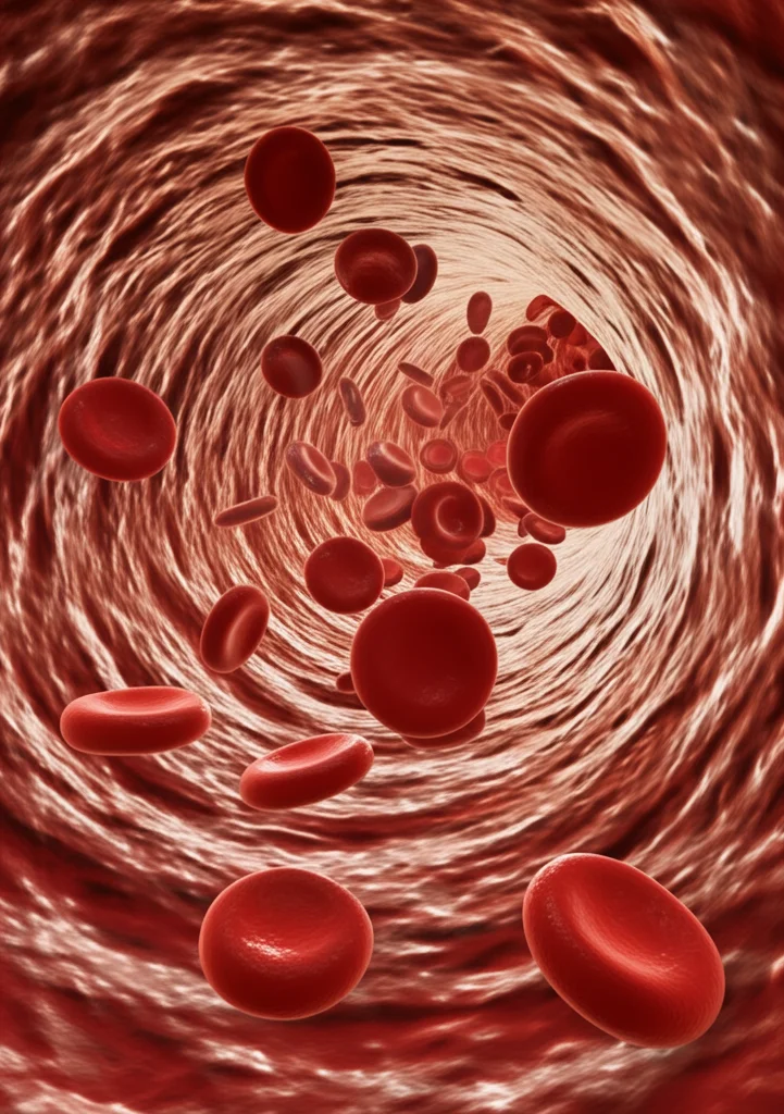 Primo piano (macro 80mm) di cellule del sangue dall'aspetto sano che scorrono agevolmente in un'arteria stilizzata, colori vibranti, alto dettaglio, illuminazione controllata, simboleggiando la prevenzione e la salute vascolare.