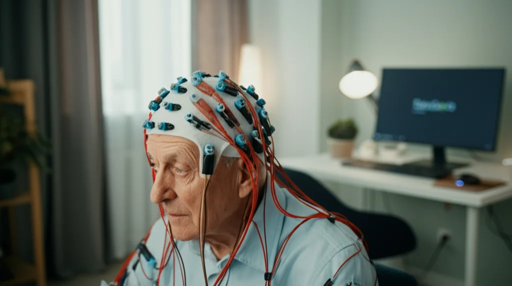 Primo piano di un paziente anziano con ictus che indossa una cuffia EEG con elettrodi a gel, concentrato su uno schermo di computer durante una sessione di riabilitazione Tele BCI-FES a casa. Illuminazione controllata, obiettivo macro 85mm, alta definizione.
