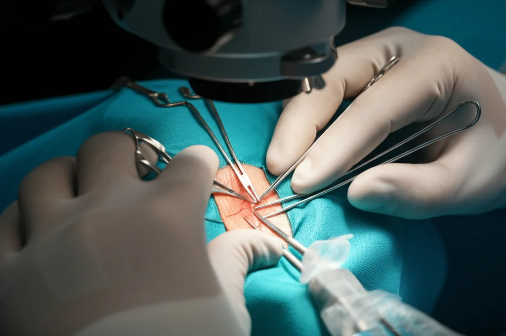 Immagine fotorealistica close-up delle mani guantate di un chirurgo sotto un microscopio operatorio, mentre sutura delicatamente vasi sanguigni e linfatici estremamente piccoli su un tessuto simulato. Obiettivo macro, 100mm, alta definizione, illuminazione chirurgica focalizzata che evidenzia la precisione richiesta.