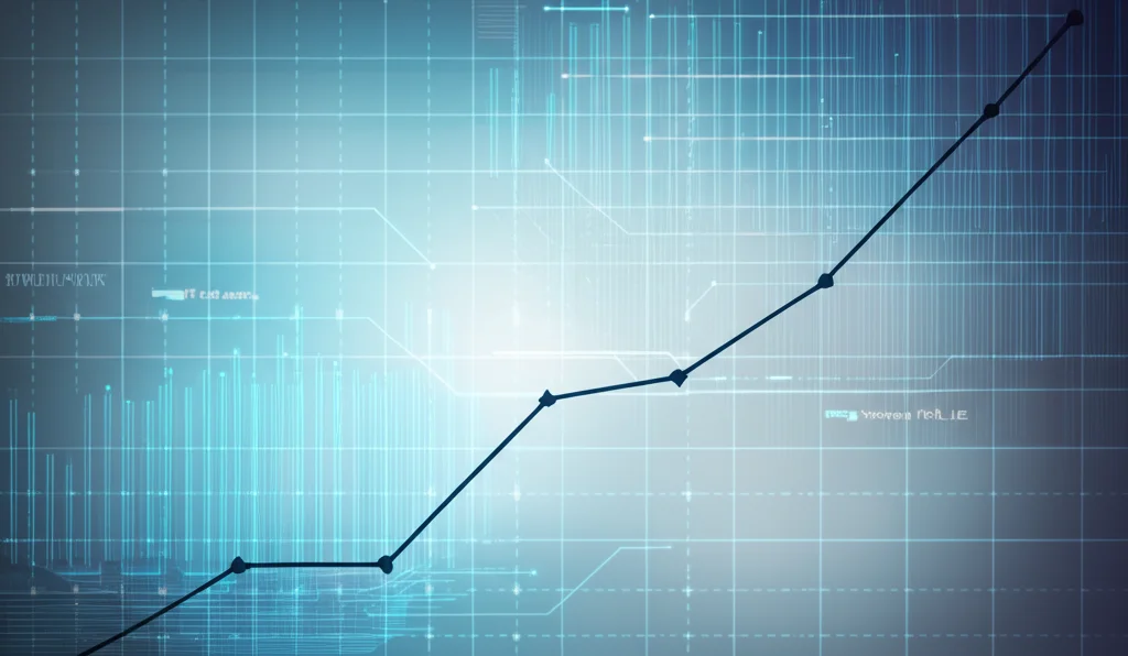 Grafico astratto che mostra un trend positivo di miglioramento della funzione motoria (punteggio FMA_UE) su uno sfondo tecnologico blu e grigio duotone, simboleggiando i risultati promettenti della riabilitazione BCI-FES. Dettaglio elevato.