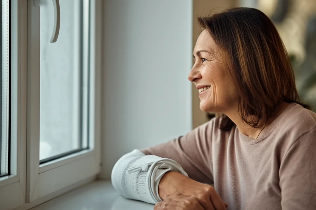 Immagine fotorealistica di una donna di mezza età, vista di profilo, che sorride guardando fuori da una finestra. Il suo braccio, precedentemente affetto da linfedema, appare ora di dimensioni più normali ed è appoggiato con naturalezza sul davanzale. Luce naturale morbida, obiettivo da ritratto 50mm, profondità di campo che sfoca leggermente lo sfondo esterno, trasmettendo un senso di sollievo e ritrovata normalità.