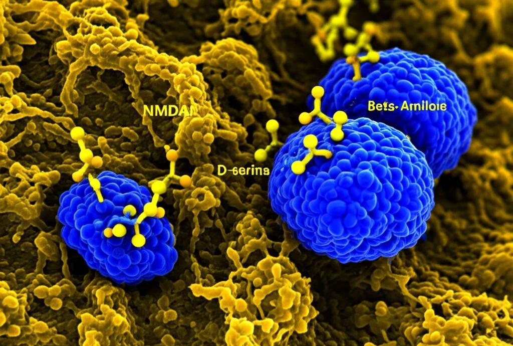 Immagine macro fotorealistica di una sinapsi neuronale nell'ippocampo, con recettori NMDAR evidenziati in blu e molecole di D-serina in giallo che si legano ad essi, mentre sullo sfondo si intravedono aggregati di beta-amiloide. Obiettivo macro 100mm, alta definizione, illuminazione controllata per evidenziare le strutture molecolari.