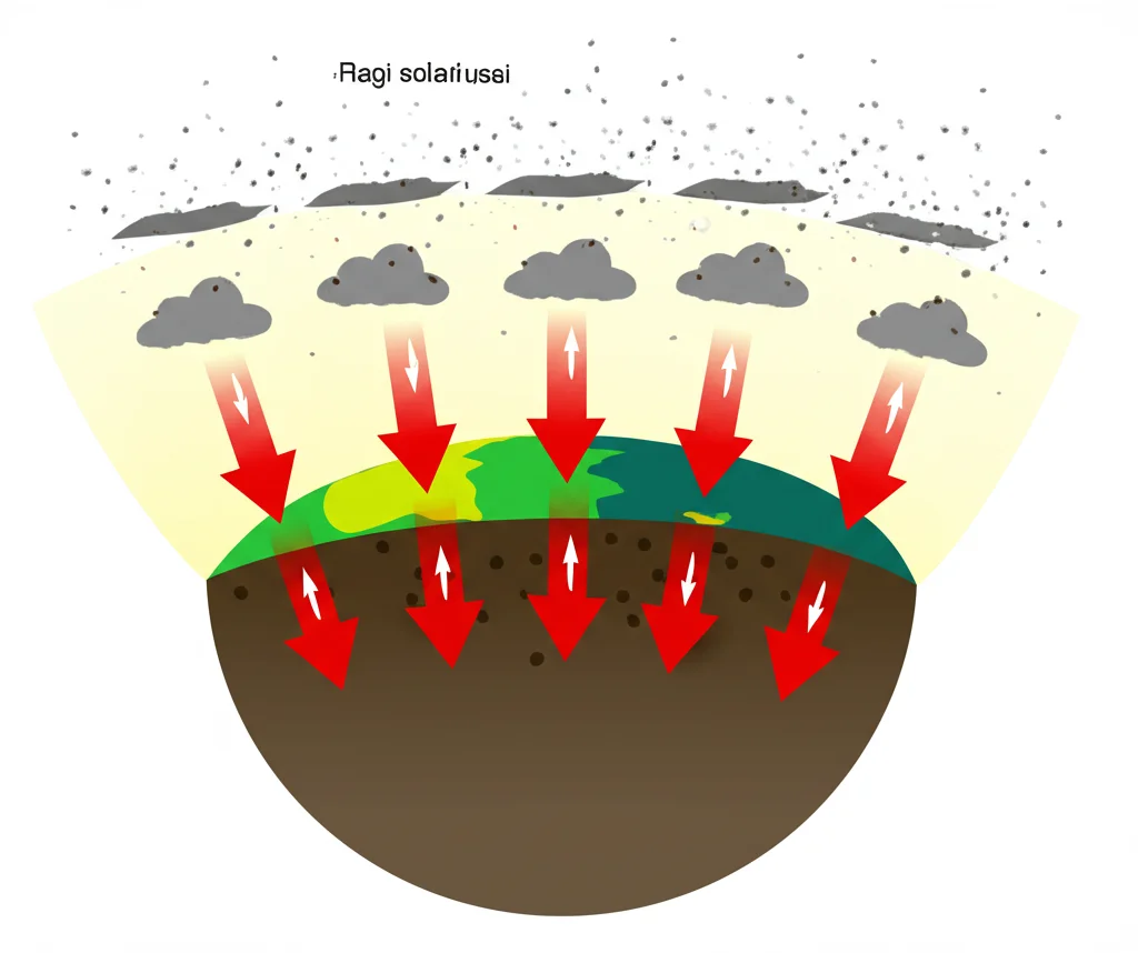 Visualizzazione grafica astratta del bilancio radiativo terrestre. Raggi solari gialli colpiscono la Terra, alcuni vengono riflessi (frecce bianche verso l'alto) da nuvole e aerosol (particelle stilizzate grigie e marroni), altri assorbiti (frecce rosse verso il basso nell'atmosfera). La superficie terrestre appare più scura sotto gli aerosol. Stile infografica scientifica.