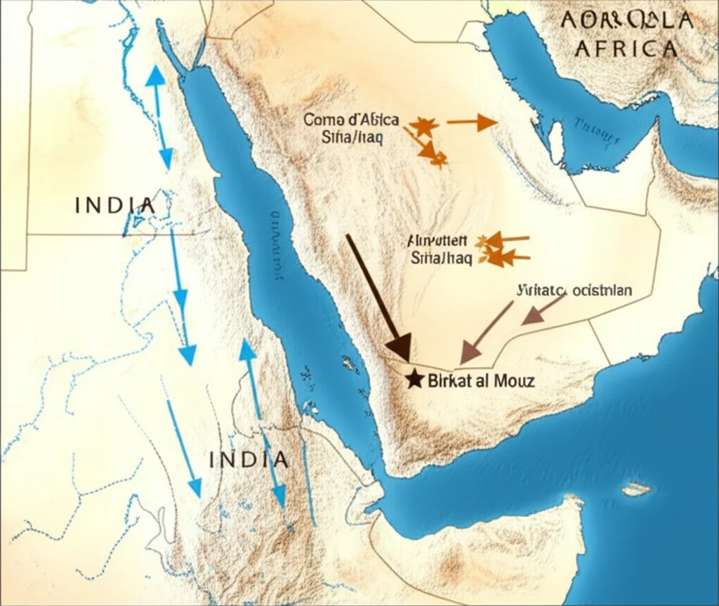 Mappa stilizzata della Penisola Arabica, del Corno d'Africa e dell'India occidentale. Frecce colorate indicano i percorsi principali delle masse d'aria verso Birkat al Mouz (segnato con una stella): frecce marroni spesse dal Corno d'Africa e dalla Siria/Iraq (polvere), frecce blu più sottili dall'India/Mar Arabico (fini). Stile cartografico informativo.