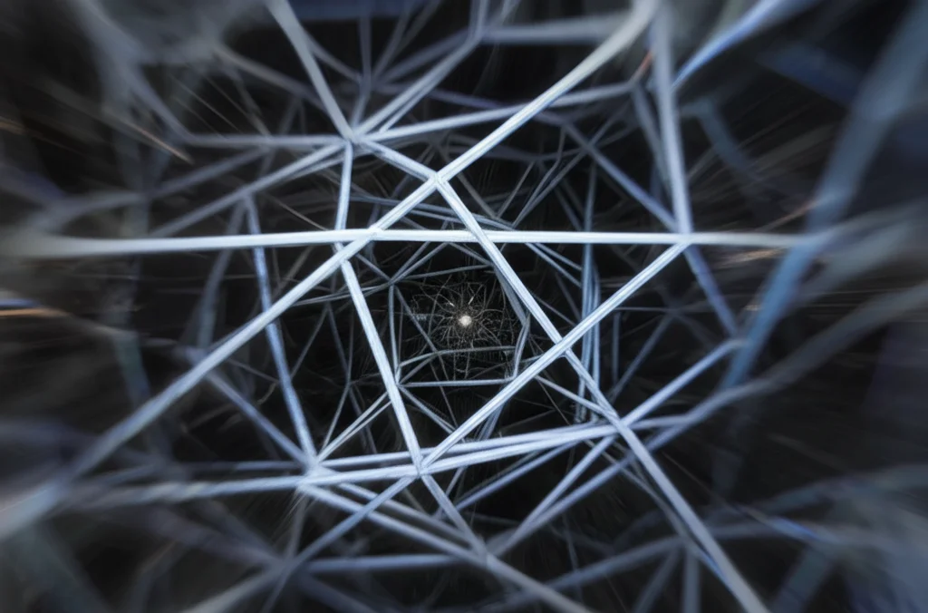 Illustrazione astratta del concetto di 'campo massimale' in matematica, rappresentato come una struttura complessa e completa che non può essere ulteriormente estesa. Fotografia grandangolare 10mm, lunga esposizione per creare un senso di vastità e completezza, focus nitido sulla struttura centrale.