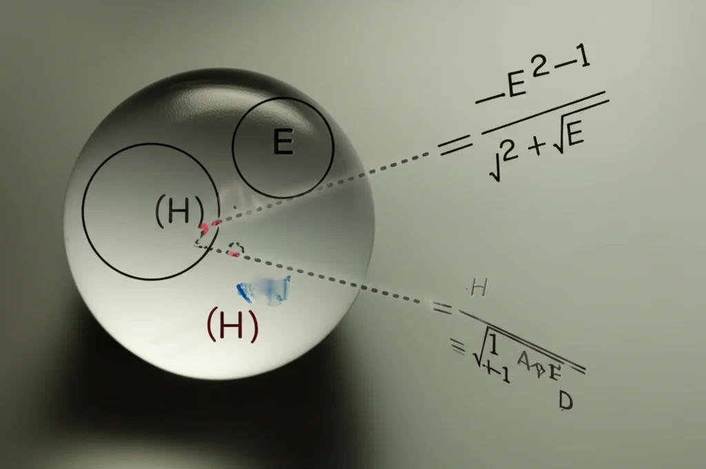 Visualizzazione concettuale della 'chiusura differenziale relativa'. Due insiemi astratti interconnessi, uno (H) contenuto nell'altro (E), con linee che rappresentano equazioni differenziali. L'assenza di nuove soluzioni in E è evidenziata. Stile fotografia still life, obiettivo macro 85mm, alta definizione, illuminazione controllata per separare visivamente i due insiemi.