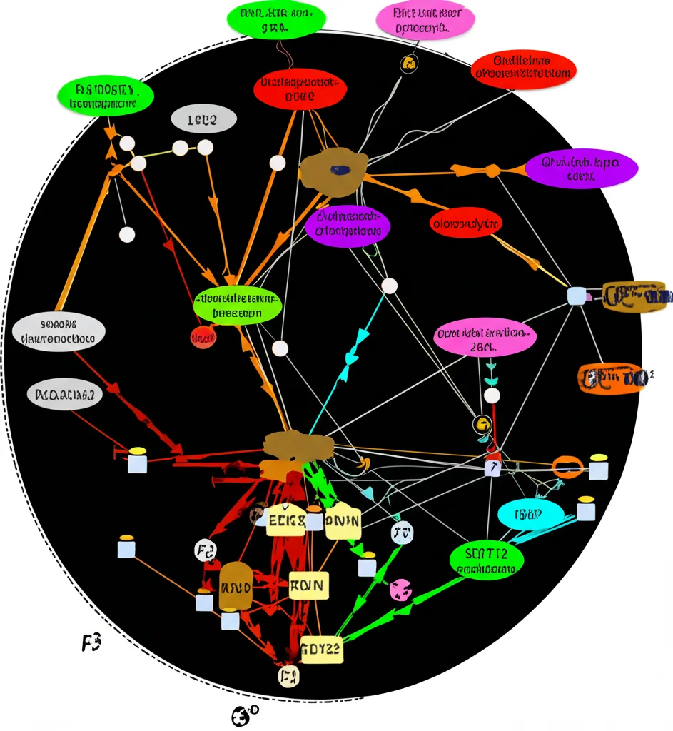 Visualizzazione grafica complessa dei risultati dell'analisi bioinformatica GO e KEGG. Reti di interazione genica colorate su sfondo scuro, che mostrano i percorsi biologici (RNA transport, oxidative phosphorylation) potenzialmente regolati dai microRNA differenzialmente espressi in Schistosoma japonicum. Stile infografica scientifica, alta leggibilità.