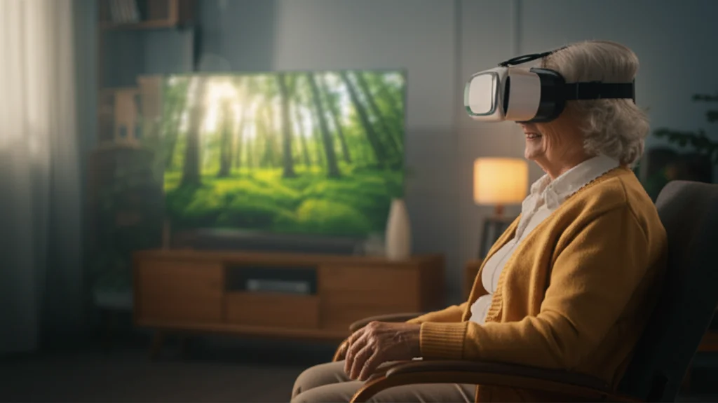 Fotografia realistica di una persona anziana seduta comodamente su una poltrona in un salotto accogliente, indossa un visore VR (HMD) e sorride. Sullo schermo di una TV di fronte a lei si intravede un paesaggio virtuale di una foresta lussureggiante. Obiettivo prime 35mm, profondità di campo ridotta per focalizzare sulla persona e il visore, luce naturale dalla finestra laterale, atmosfera serena.