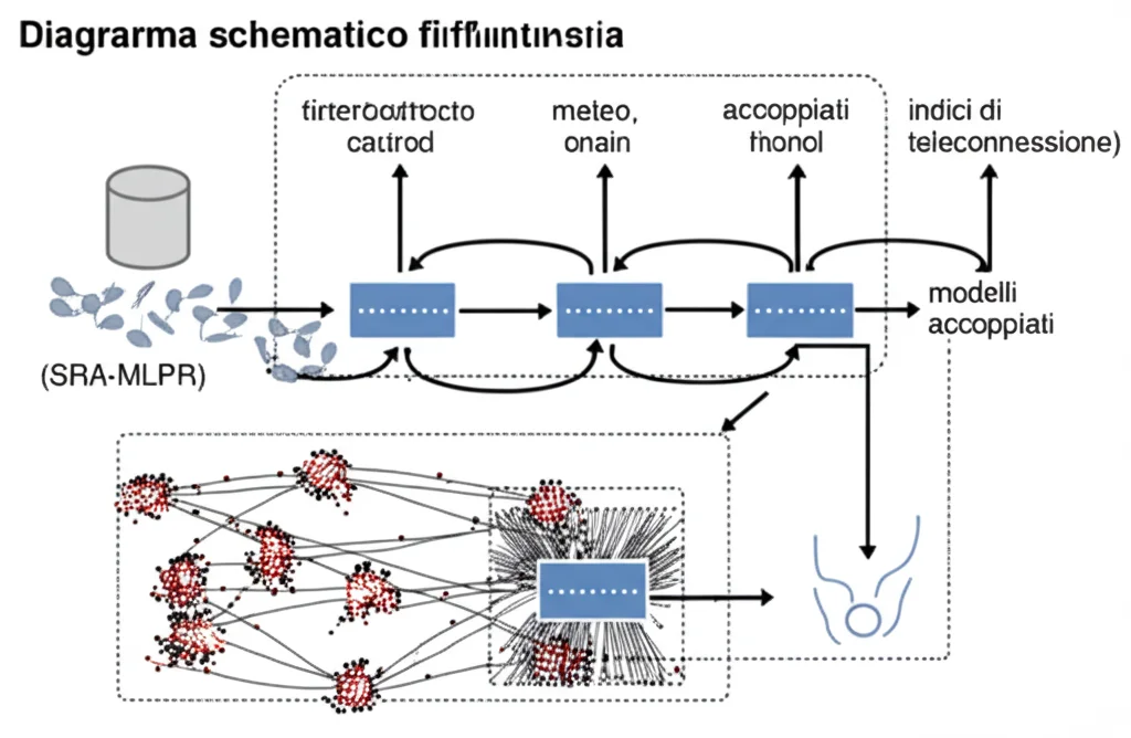 Diagramma schematico che illustra il flusso di dati multi-sorgente (meteo, indici di teleconnessione) verso modelli accoppiati di deep learning (SRA-MLPR), visualizzazione astratta con nodi neurali luminosi e frecce di dati interconnesse, stile high-tech, illuminazione controllata, dettagli elevati, obiettivo macro 90mm.