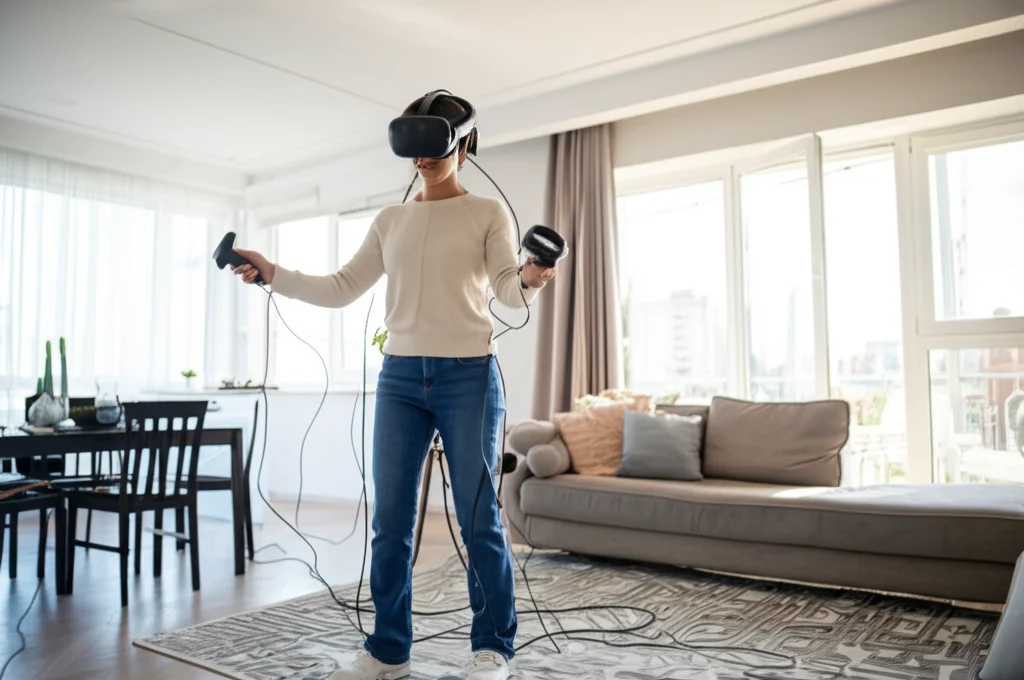 Fotografia grandangolare, obiettivo 15mm, di un luminoso e moderno ambiente domestico dove una persona sta utilizzando un sistema di camminata virtuale con un visore HMD e dei controller per le mani (arm swing). Focus nitido sull'intera scena che mostra la tecnologia integrata nell'ambiente casalingo, luce naturale diffusa, senso di comfort e tecnologia accessibile.